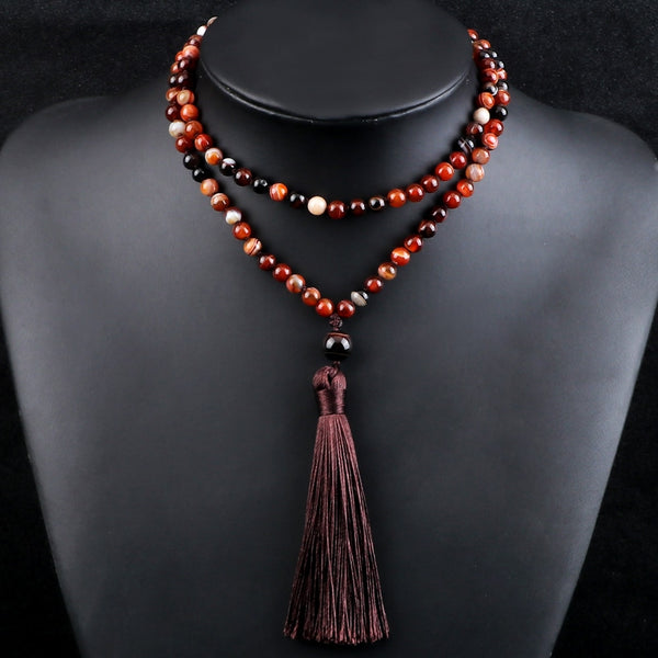 108 Mala Beaded Tassel Necklaces For Women Natural Striped Agates Onyx Stone Vintage Necklaces