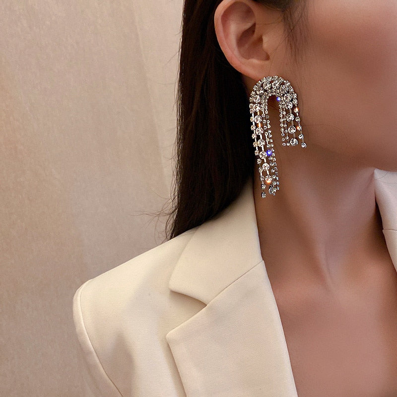 Long Tassel Crystal Drop Earrings for Women Geometric Asymmetry Rhinestone Earrings