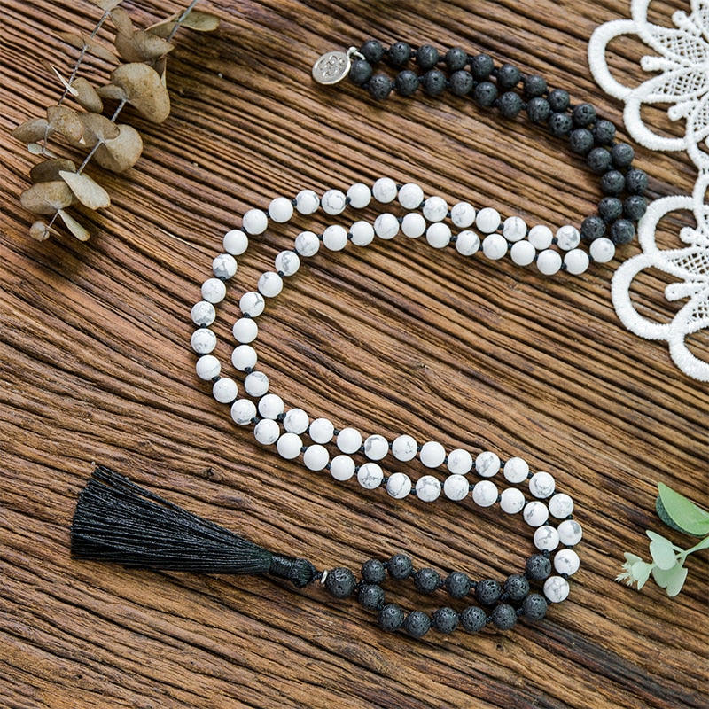 8mm Natural Stone 108 Mala Rosary Necklace Howlite Black Lava Stone Beaded