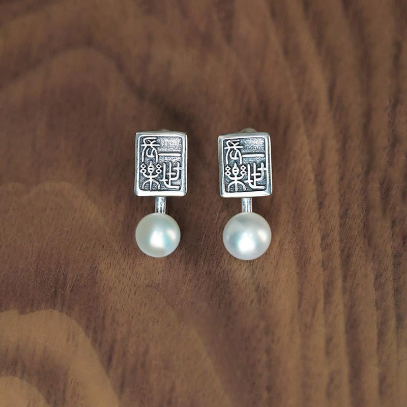 New design silver carving square ancient Chinese pearl earrings