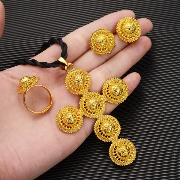 24k high qualityGold ColorEthiopian Jewelry Sets Necklace Bracelet earrings ring