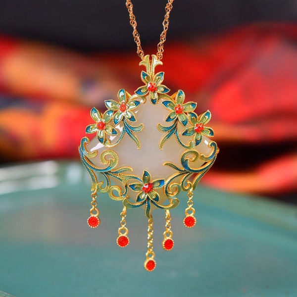 Ancient gold craftsmanship inlaid natural Hetian Yunan red tourmaline flower tassel necklace pendant