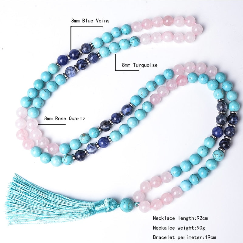 8mm Blue Turquoise Rose Quartz Blue Sodalite Beaded Mala Necklace