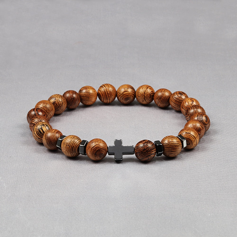 Hot Men Energy Bracelets Natural Tiger Eye Stone Black Lava Cross Beads Bracelet