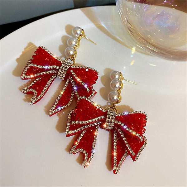 Korean Style Red Bowknot Dangle Earrings for Women Pearl Rhinestone Earrings