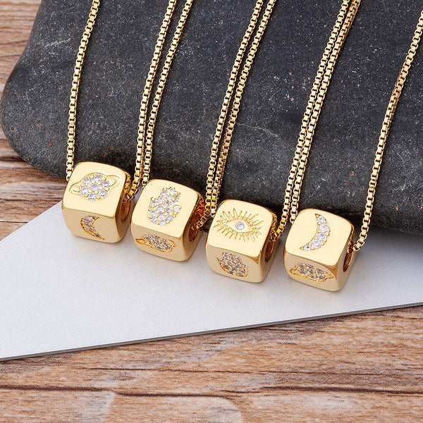 New Design Cute Cube Evil Eye Pendant Copper Zircon Gold Color Chain Necklace For Women