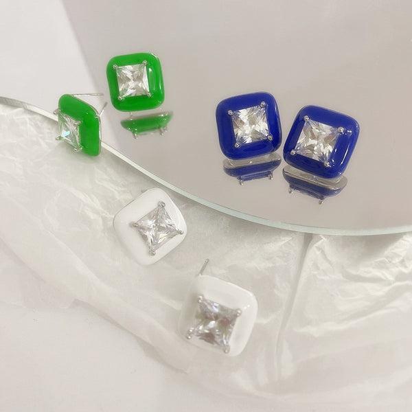 Luxury Zircon White Blue Green Square Stud Earrings For Women