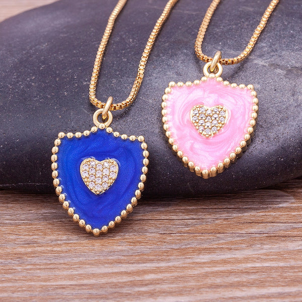 Fashion Design Ins Style Shield Shape Heart Micro Zircon Oil Dripping Clavicle Chain Necklace