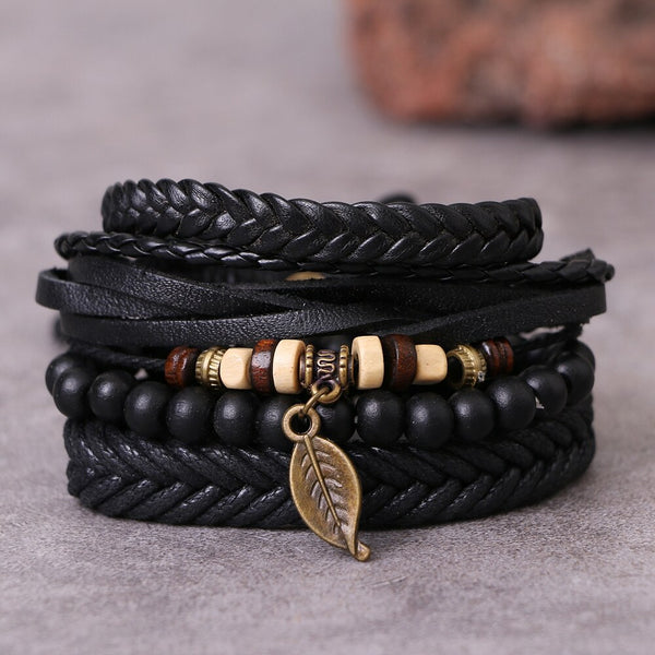 4Pcs/set Adjustable Leather Woven Bracelets Set