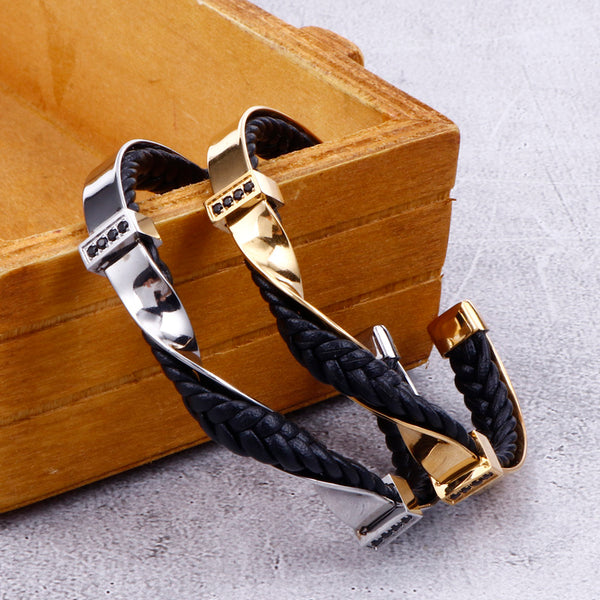 Men Stainless Steel Leather Zircon Fashion Bracelet