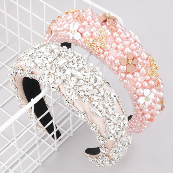 New Pink Imitation Pearl Metal Butterfly Flower Headband Women