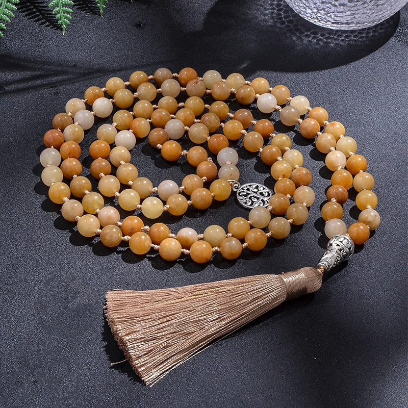 8mm Yellow Jade Knotted Japamala Necklace 108 Mala Beaded Meditation Yoga Blessing Jewelry Bracelet Set