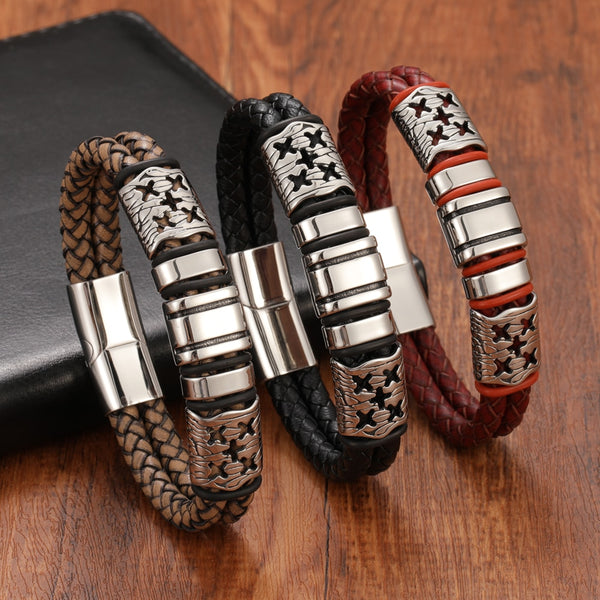 Fashion Men‘s Women’s Titanium Steel Double Braided Leather Bracelet