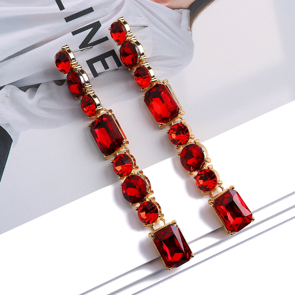 Colorful Geometric Crystal Glass Long Dangle Earrings For Women