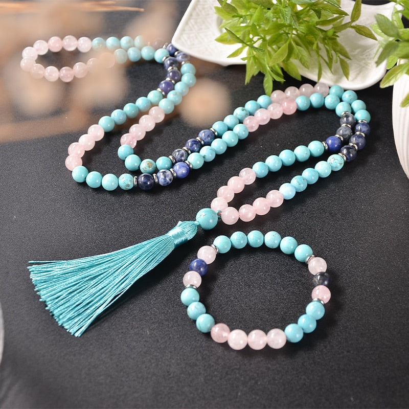 8mm Blue Turquoise Rose Quartz Blue Sodalite Beaded Mala Necklace