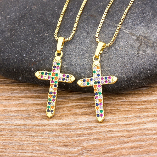 New Design 10 Styles Rainbow Cross Copper Pendant Chain Necklace