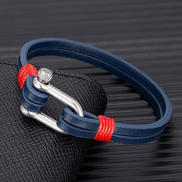 Men Leather Bracelet Nautical Double Strand Stainless Steel U shape Clasp Bracelets