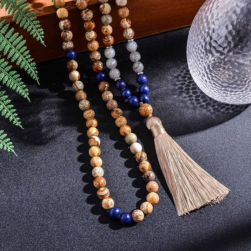 8mm Picture Jasper Lapis Lazuli Labradorite Japamala Beaded Necklace