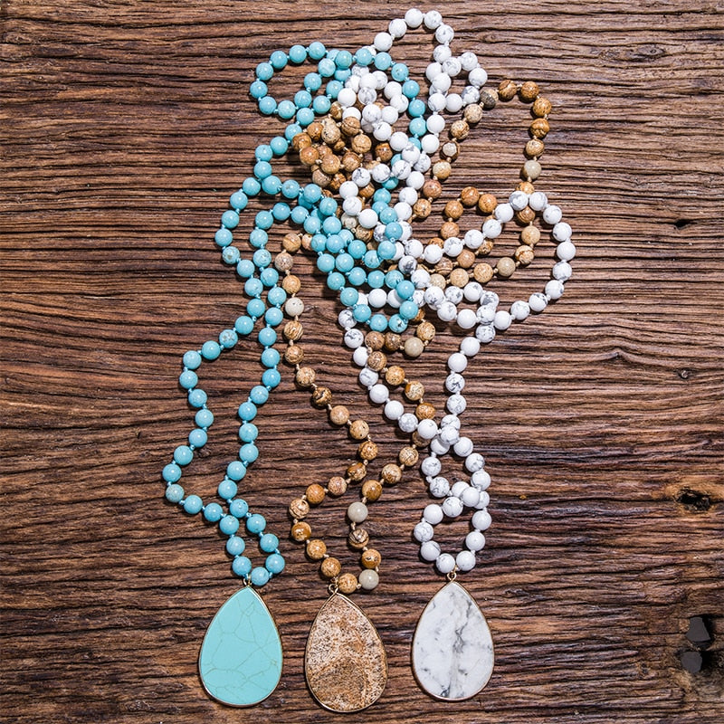 8mm Picture Jaspers, Howlite, Turquoise Beads Knotted Necklace