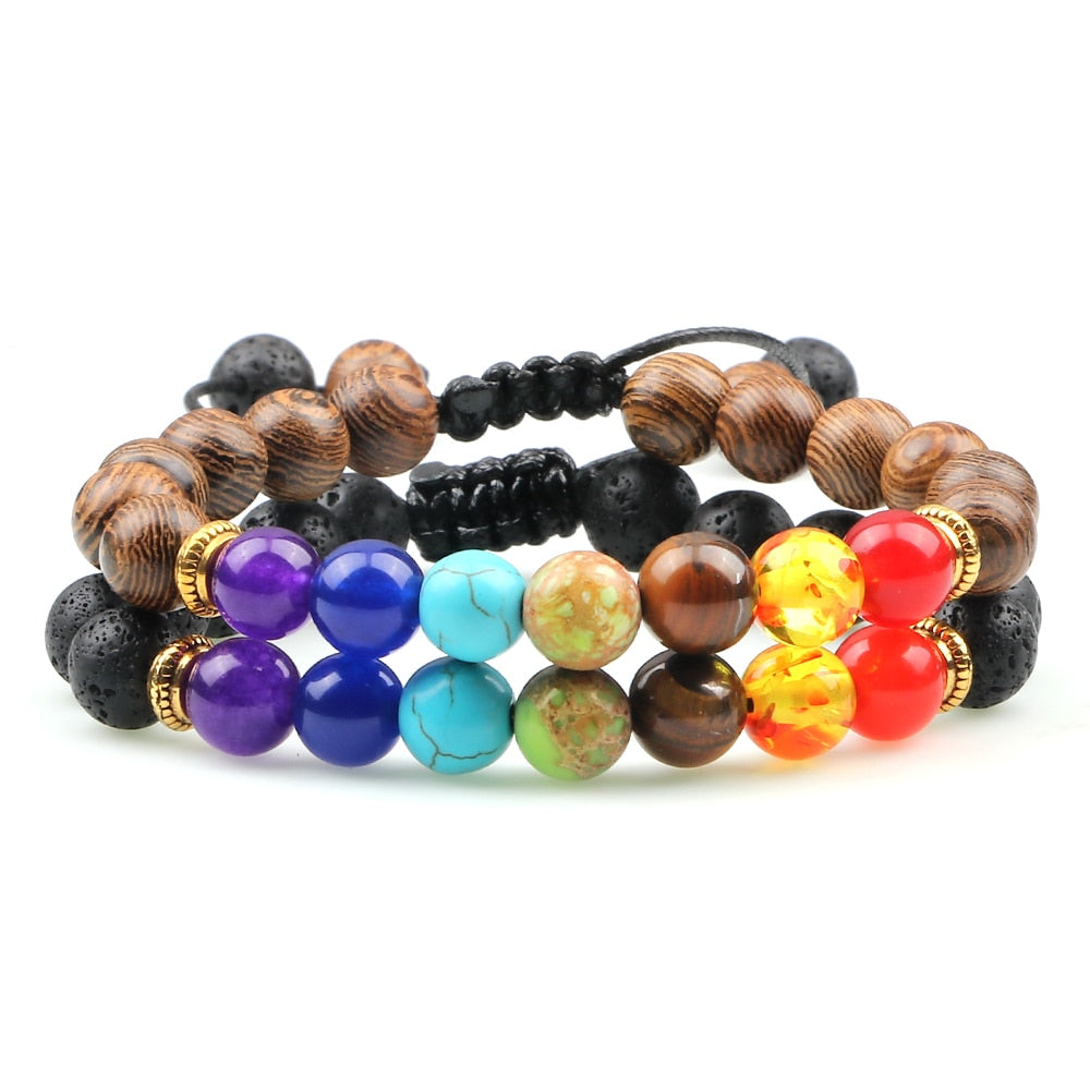 2pcs/set 7 Chakra Black Lava Beads Bracelets Natural Stone Yoga Adjustable Braided Bangle