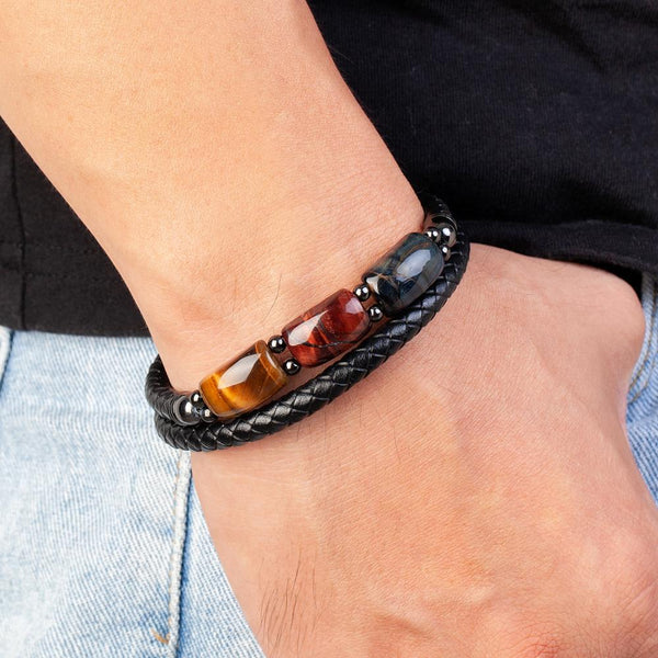 Tiger Eye Stone Bracelets For Men Geometric Natural Stone Beads Leather Rope Bangles