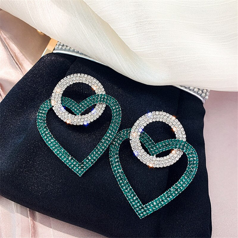 New Green Pink Heart Crystal Earrings for Women Oversize Circle Rhinestone Drop Earrings