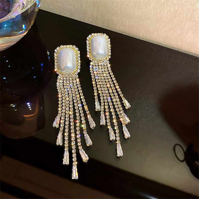 Long Tassel Full Rhinestone Drop Earrings for Women Square Pearl Dangle Earrings