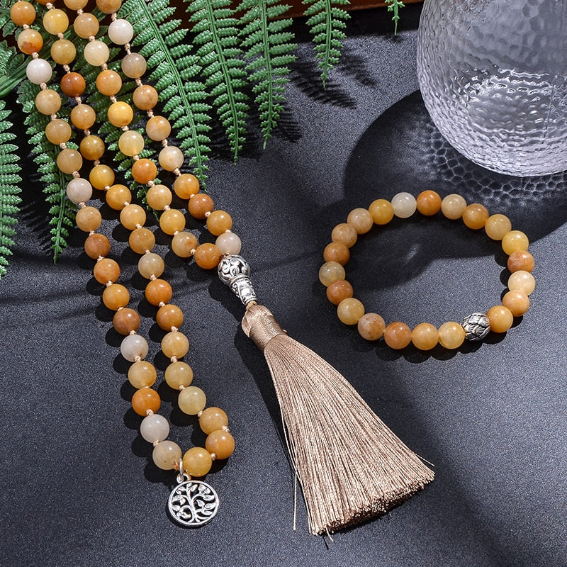 8mm Yellow Jade Knotted Japamala Necklace 108 Mala Beaded Meditation Yoga Blessing Jewelry Bracelet Set