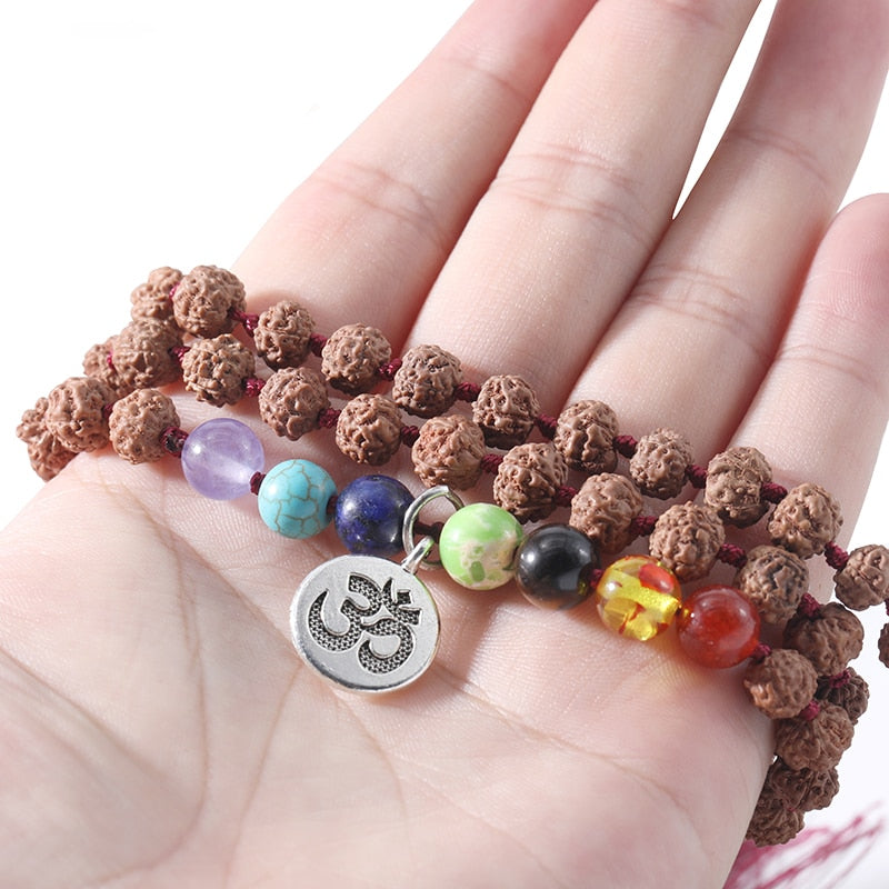 108 Rudraksha Seven Chakra Beads Hand-Knotted Long Necklace Men