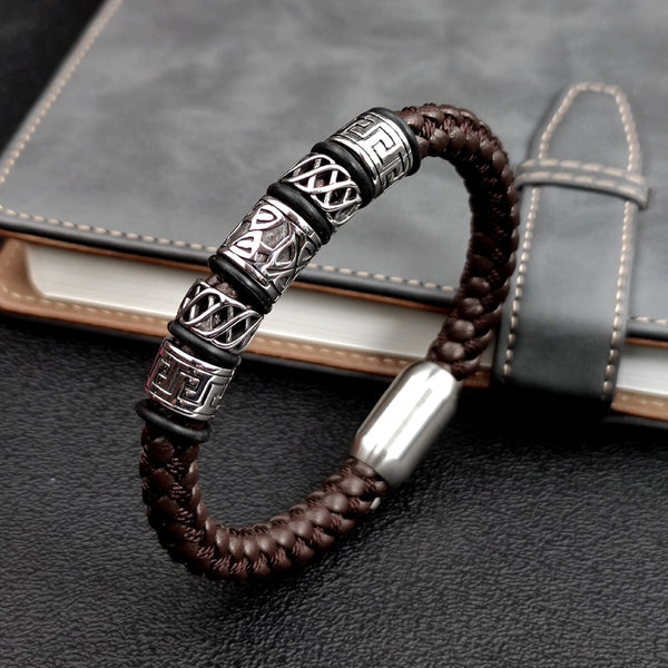 Punk Style Coffee Leather Bracelet 316L Stainless Steel 5 Viking Bead Bracelet