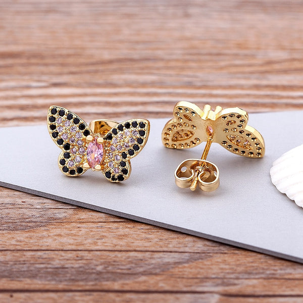 New Design 29 Styles Cute Rhinestone Gold Color Butterfly Stud Earrings For Women