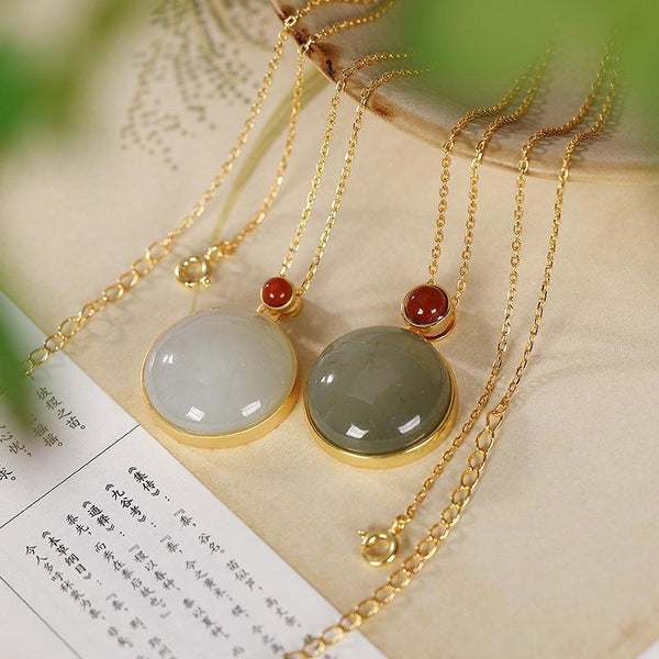 New Silver Inlaid Natural Hetian Sapphire South Stone Round Necklace