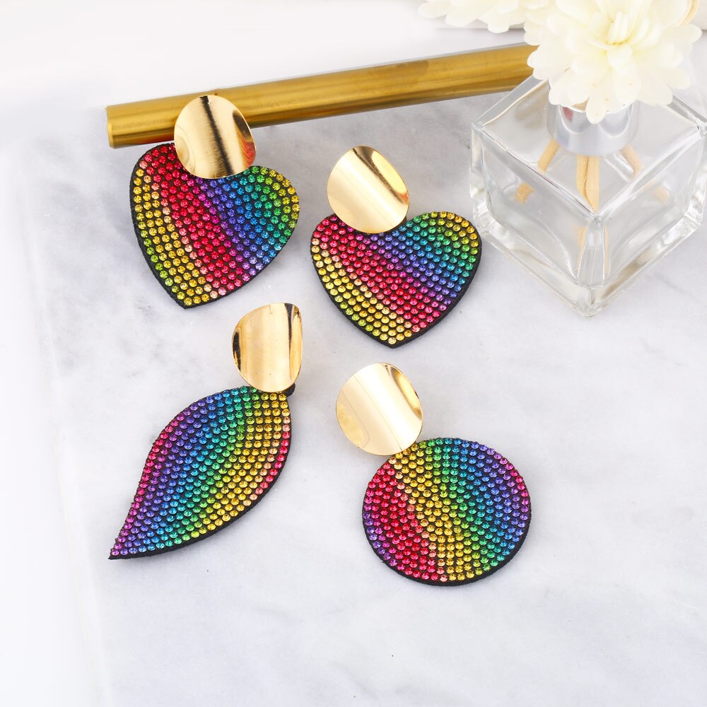 Rainbow Colors Heart Earrings For Women Alloy Leaf Big Drop Dangle Earrings