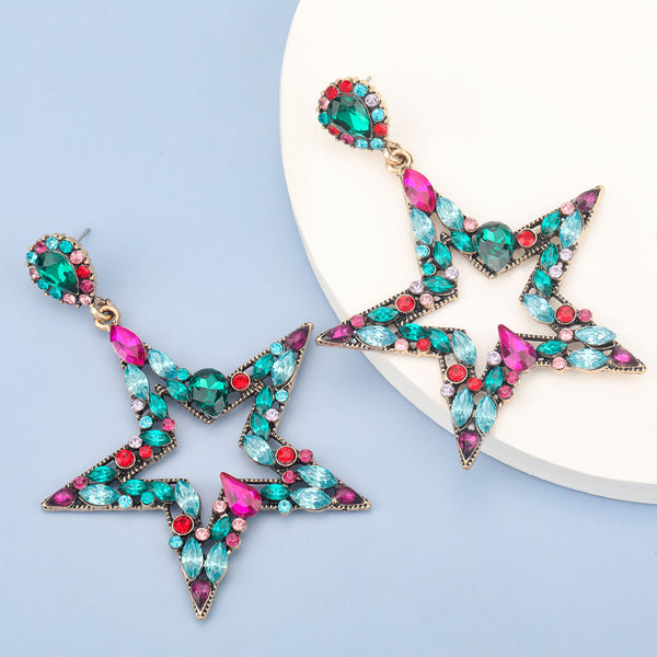 Fashion Metal Rhinestone Five-pointed Star Big Earrings Women