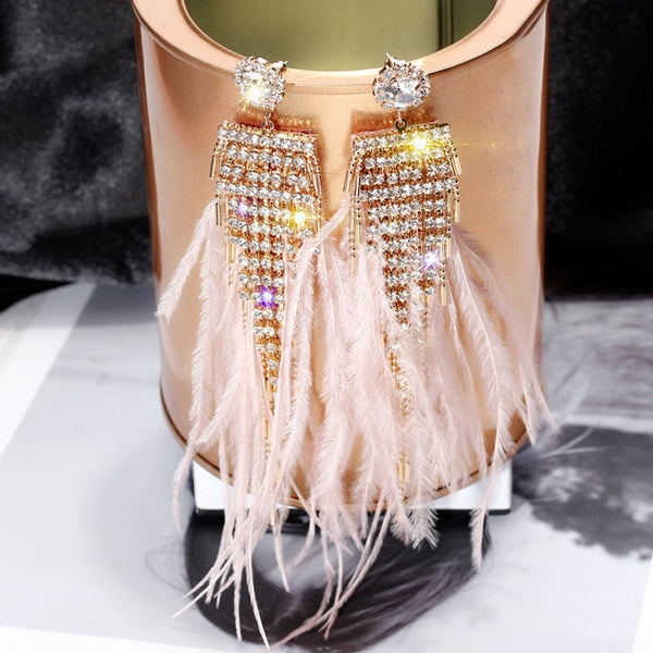 Luxury Shiny Crystal Earrings Long Tassel Pink Feather Rhinestone Drop Earrings for Women