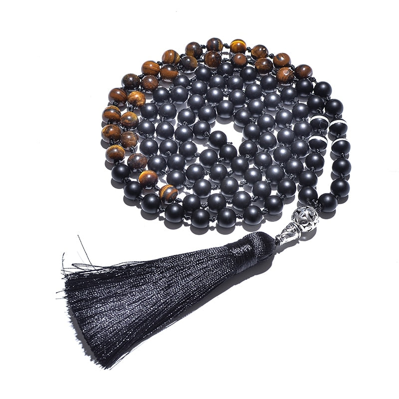 108 Beads Japa Mala 8mm Yellow Tiger Eye Matte Black Onyx Knotted Necklace