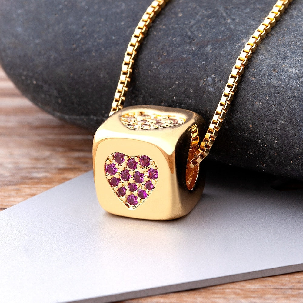 New Luxury Cute Cube Dice Heart Necklace Copper Zircon Gold Color Chain Necklace For Women