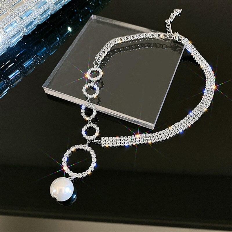 Geometric Circle Rhinestone Choker Necklaces for Women Clavicle Chain Pearl Pendant Necklaces