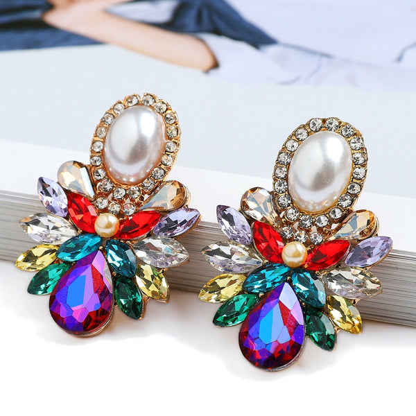 Simulated Pearl Geometric Colorful Crystal Stud Earrings For Women