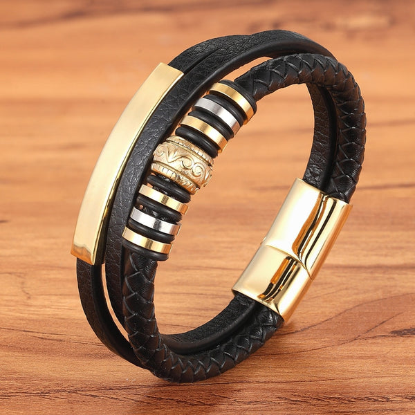 Fashion  Multi-layer Leather Stainless Steel Metal Luxury Men Leather Bracelet