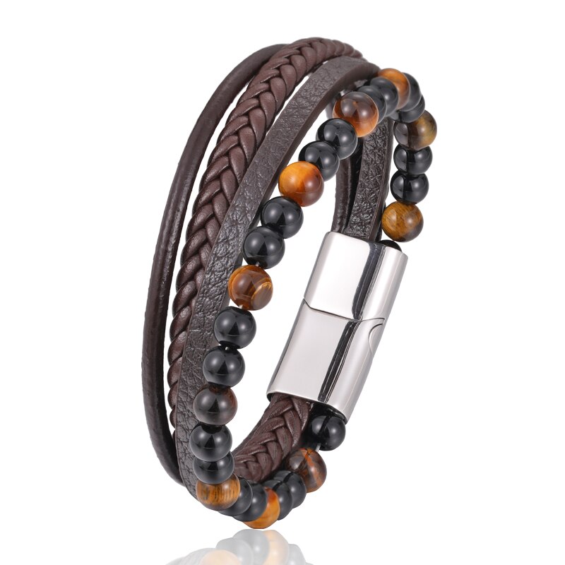 Bead Leather Tiger Eye Bracelet Men