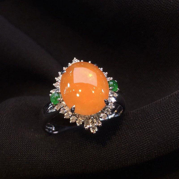 silver inlaid crystal natural orange yellow chalcedony large egg surface ladies ring