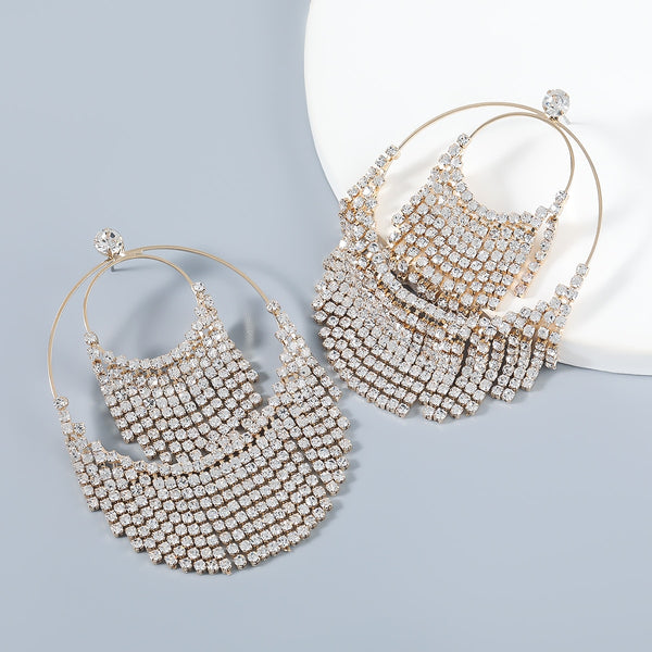 Fashion Metal Multilayer Round Rhinestone Tassel Earrings Women