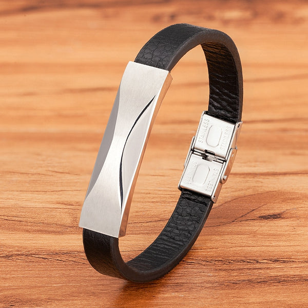 Geometric Pattern Accessory Design Stainless Steel Men
 Leather Bracelet