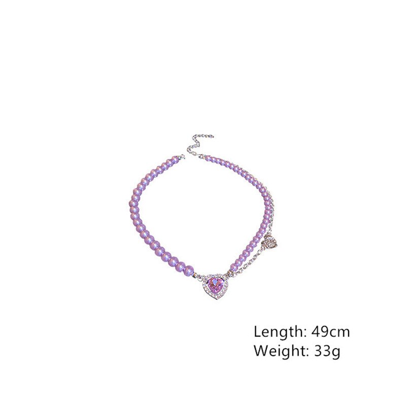 Korean Style Purple Heart Crystal Choker Necklaces for Women Pearl Necklaces