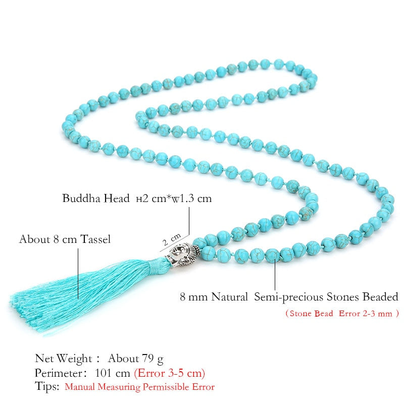 6/8mm Blue Turquoise Beads Knotted 108 Japa Mala Necklace