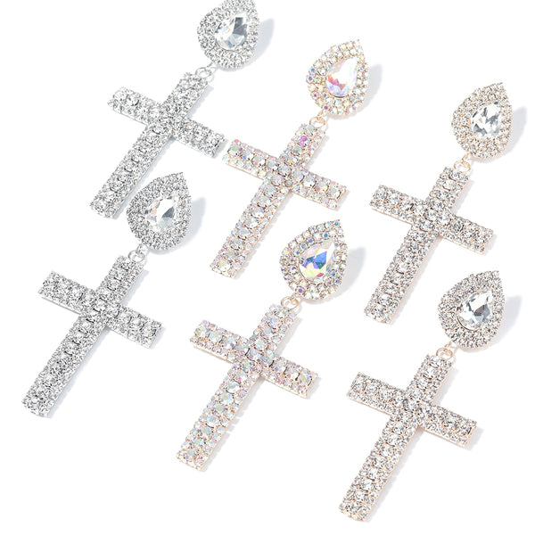 Fashion Metal Rhinestone Cross Earrings Women&#39;s Creative Popular Dangle Earrings