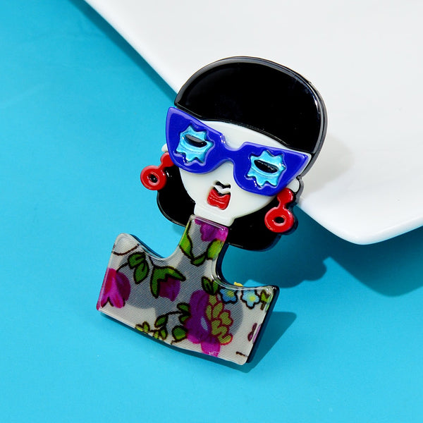 Wear Glasses Office Lady Acrylic Brooch Pin Fashion Flower Shirt Girl Jewelry