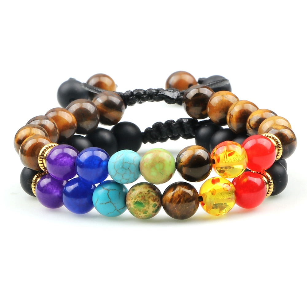 2pcs/set 7 Chakra Black Lava Beads Bracelets Natural Stone Yoga Adjustable Braided Bangle