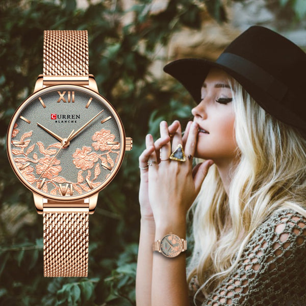 Luxury Stainless Steel Strap Wristwatch for Women Rose Clock Stylish Quartz Ladies Watch